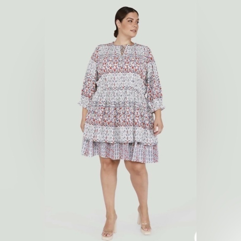 🆕 DEX /SMOCKED PRINTED MID LENGTH DRESS W/TIERED RUFFLES/MULTI COLOR DESIGN💕